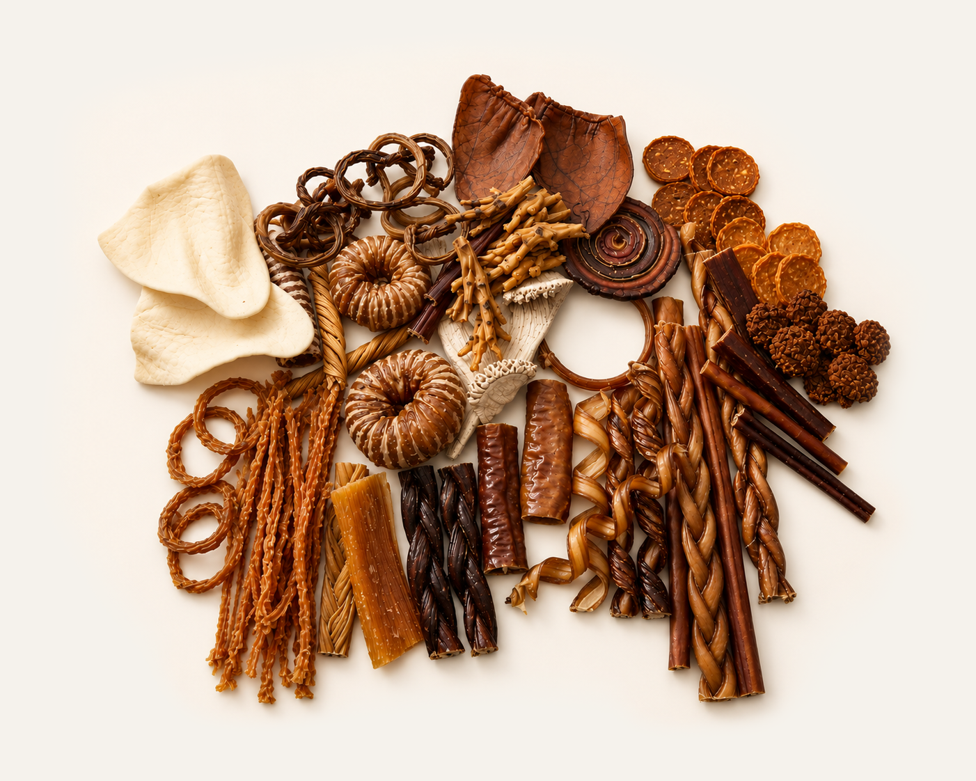 Assortment of natural dog chews produced by Torito Brands