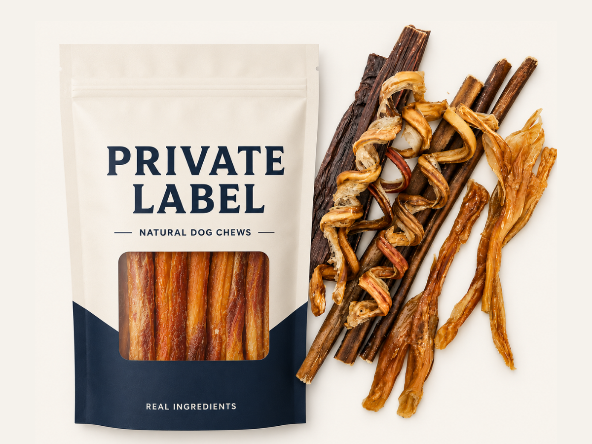 Private label natural dog chews packaging and product assortment